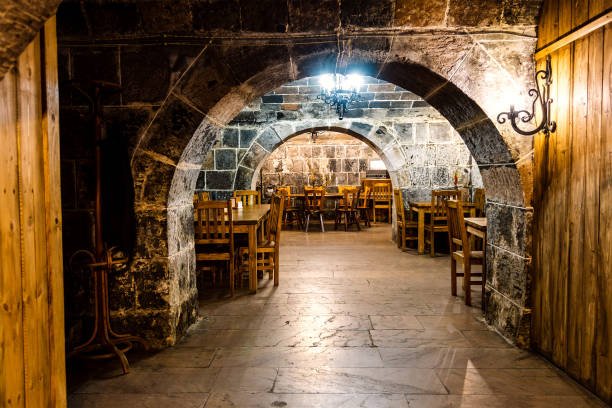 interior of old tavern in stone underground floor ancient urban house