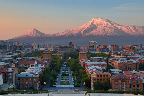 Skyline of Yerevan, capital of Armenia, at the sunrise with Mt Ararat in the backgroud.