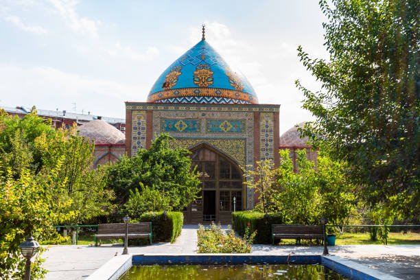 Blue Mosque building in green courtyard in Yerevan city on sunny autumn day. The Blue Mosque is Shia mosque, it was built in 1766