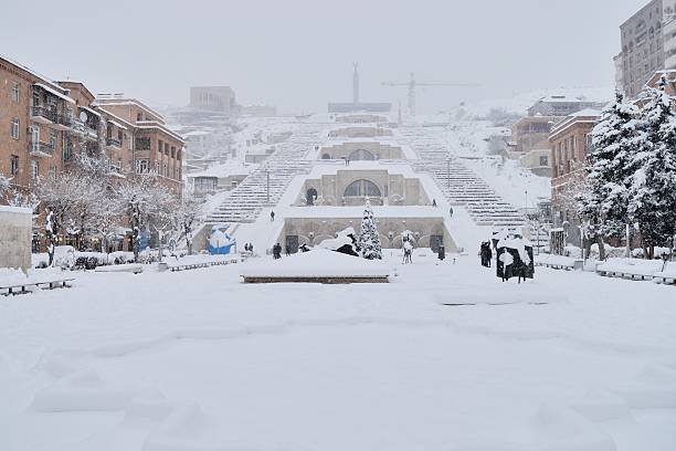 Yerevan, Armenia - January 01, 2016: The Cascade is a giant stairway and one of main landmarks in city. The exterior of Cascade, in addition to stairs has multiple levels with fountains and sculptures