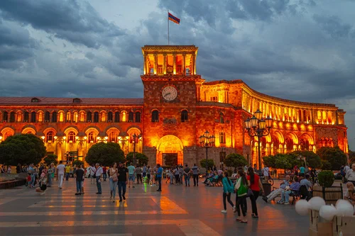 Republic Square in Yerevan illuminated at sunset – iconic landmark in Armenia