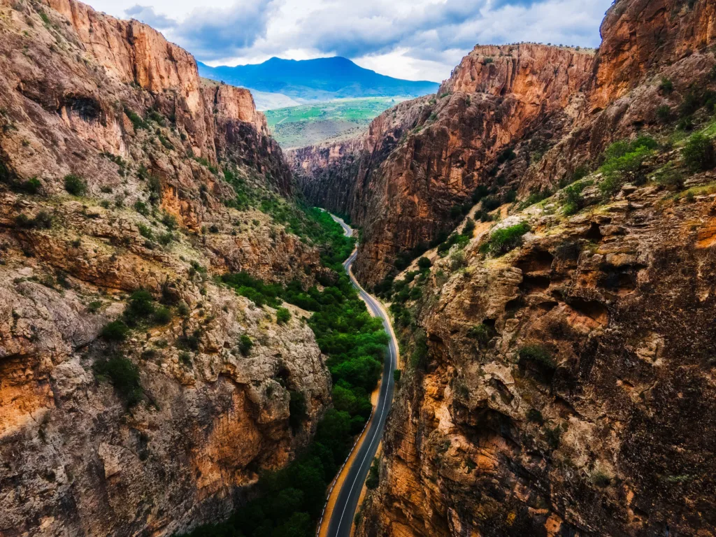 Scenic mountain road leading to Tatev Monastery in Southern Armenia